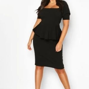 Plus Peplum Puff Sleeve Midi Dress black